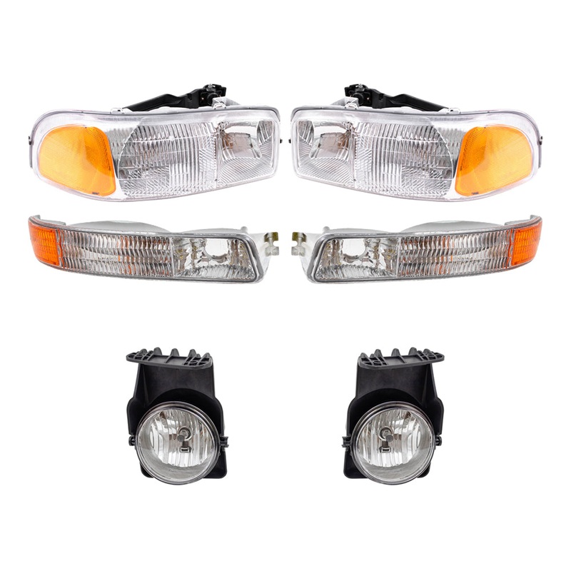 Brock Replacement Driver and Passenger Side Headlights, Park Signal Lights and Fog Lights 6 Piece Set Compatible with 2005-2006 Sierra & 2007 Sierra Classic