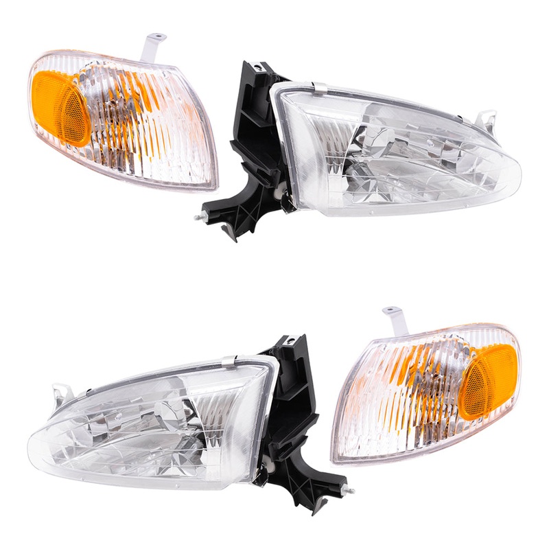 Brock Replacement Driver and Passenger Side Halogen Headlight Assemblies and Signal Light Assemblies 4 Piece Set Compatible with 1998-2002 Prizm
