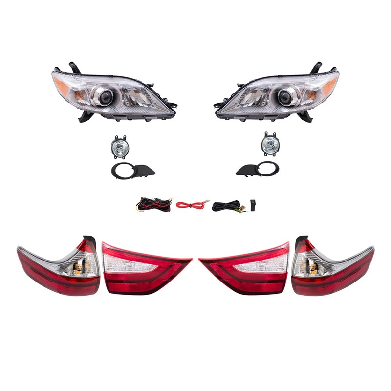 Brock Aftermarket Replacement Part Set of Headlights w/o LED Daytime Running light, & Fog Lights Kit, & Tail Lights Quarter & Liftgate Mounted Set Compatible with 2015-2017 Toyota Sienna EXCEPT SE