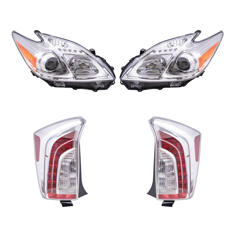 Brock Replacement Driver and Passenger Side Halogen Combination Headlight Assemblies and Tail Light Assemblies 4 Piece Set Compatible with 2012-2015 Prius