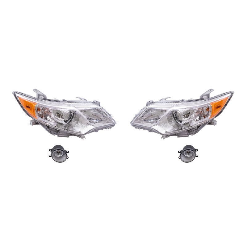 Brock Replacement Driver and Passenger Side Halogen Combination Headlights with Chrome Bezel and Fog Lights 4 Piece Set Compatible with 2012-2014 Camry L/LE/XLE