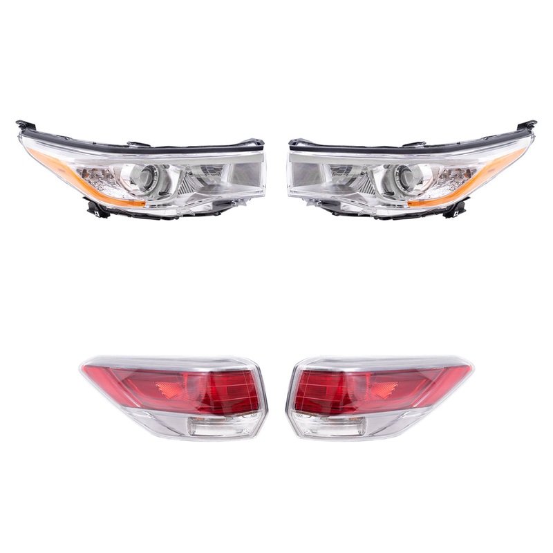 Brock Replacement Driver and Passenger Side Headlight W/O Smoked Chrome Accent and Quarter Mounted Tail Light Assembly 4 Piece Set Compatible with 2014-2016 Highlander/Highlander Hybrid