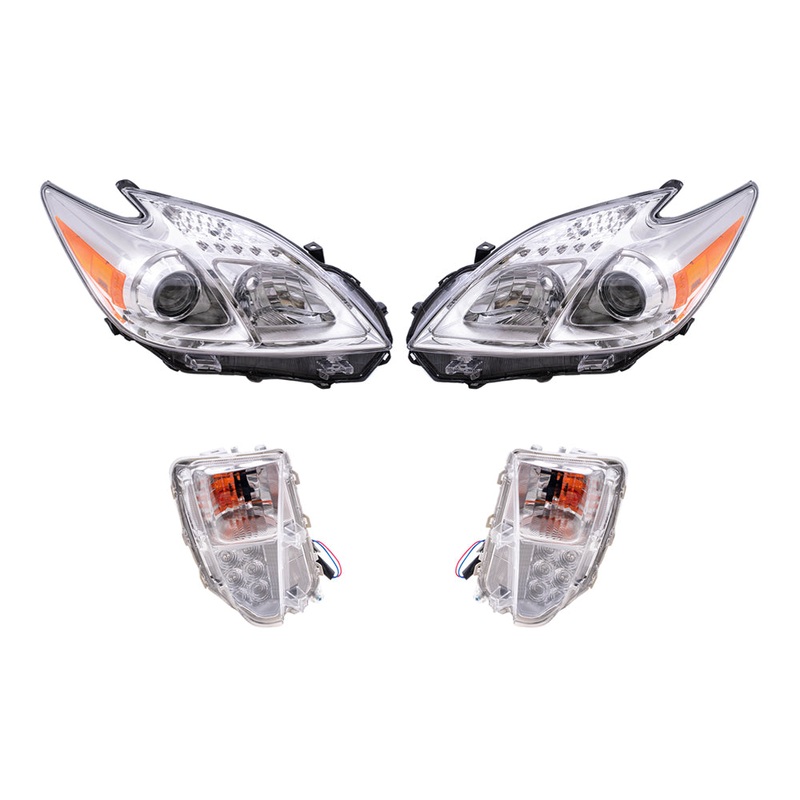 Brock Replacement Driver and Passenger Side Headlights and Turn Signal Lights with Daytime Running Lights 4 Piece Set Compatible with 2012-2015 Prius