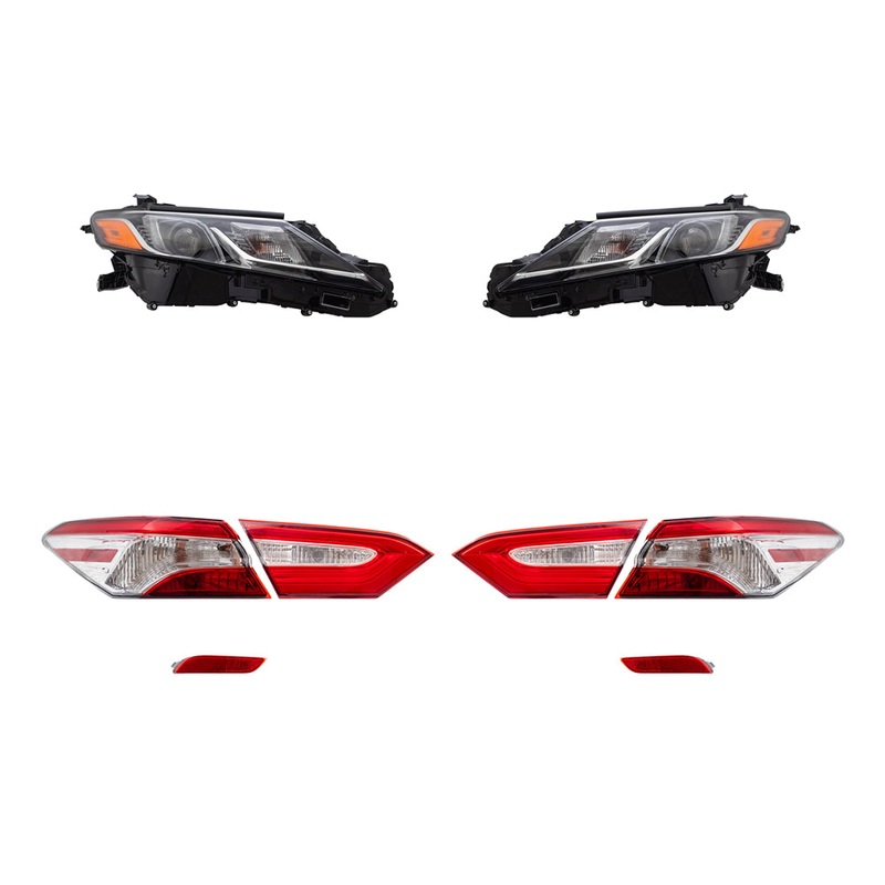Brock Replacement Driver and Passenger Side Headlights, Tail Lights Quarter Mounted & Lid Mounted, and Bumper Reflectors 8 Piece Set Compatible with 2018 Camry L/LE & 2018 Camry Hybrid LE