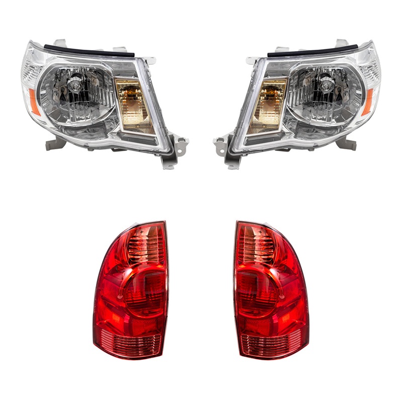 Brock Replacement for Replacement 4 Pc Headlights Tail Lights with Bright Chrome Bezel Compatible with 2005-2011 Tacoma