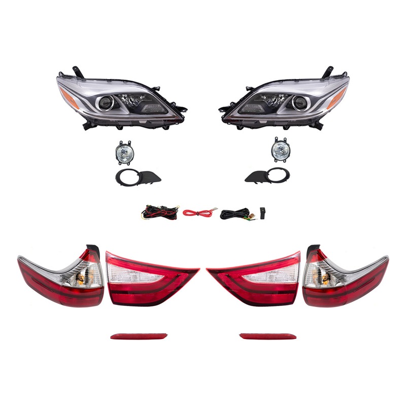 Brock Aftermarket Replacement Part Driver & Passenger Side Headlights w/LED DRLs, Tail Lights, Fog Lights, & Rear Reflectors Set Compatible with 2015-2017 Toyota Sienna EXCEPT SE