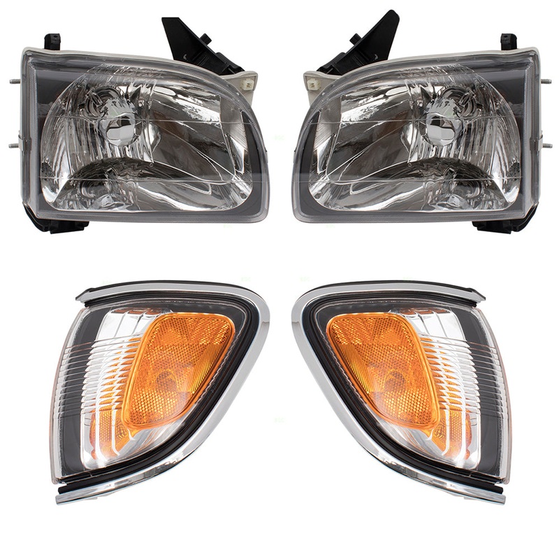 Brock Replacement 4 Piece Set Halogen Headlights w/ Park Signal Corner Marker Lamps w/ Chrome Bezels Compatible with 01-04 Tacoma Pickup Truck