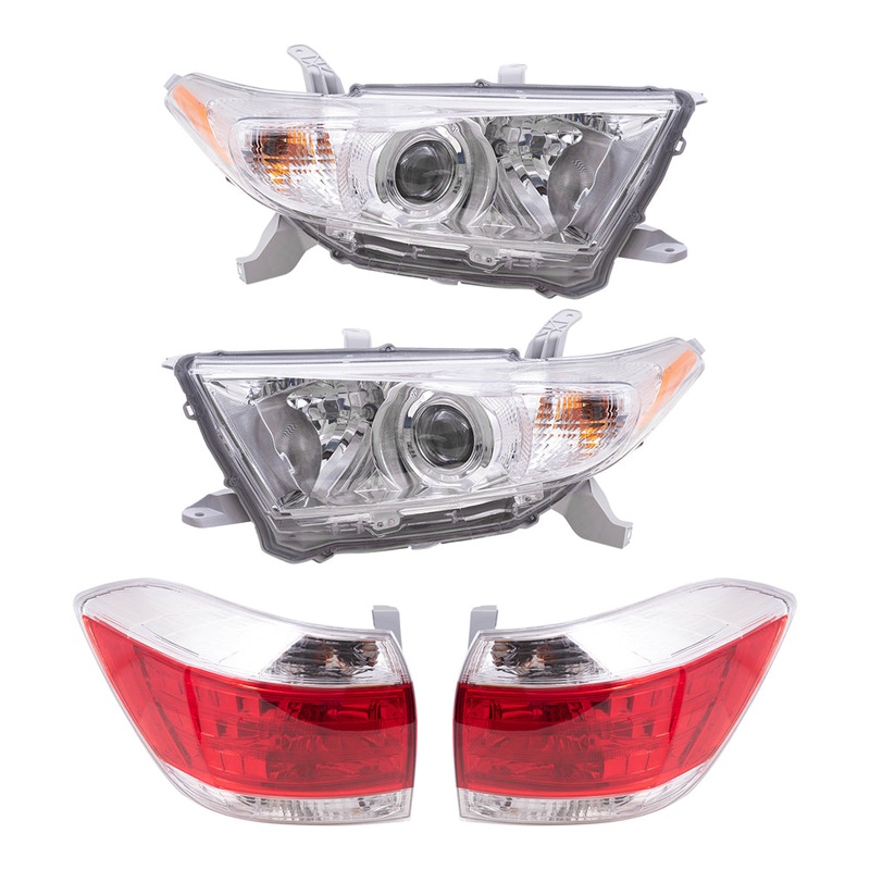 Brock Replacement Driver and Passenger Side Halogen Combination Headlight Assemblies and Fog Light Units 4 Piece Set Compatible with 2011-2013 Highlander