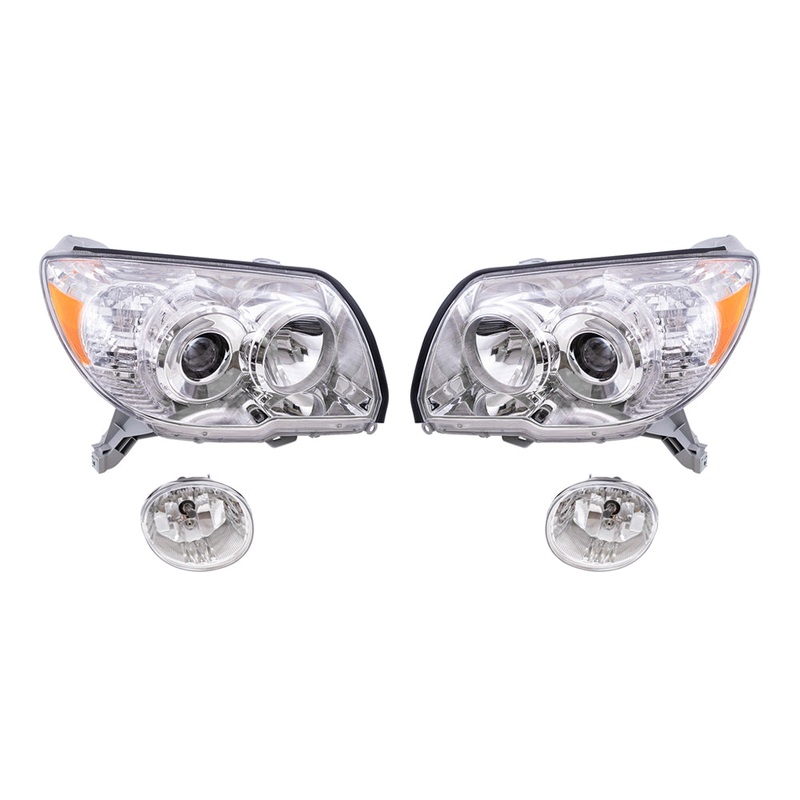 Brock Replacement Driver and Passenger Side Halogen Combination Headlights with Chrome Bezel and Fog Lights 4 Piece Set Comaptible with 2006-2009 4Runner Limted/SR5