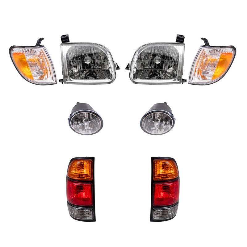 Brock Replacement Driver and Passenger Side Headlights, Signal Marker Lights, Fog Lights and Tail Lights 8 Piece Set Compatible with 2000-2004 Tundra Regular/Access Cab with Standard Bed