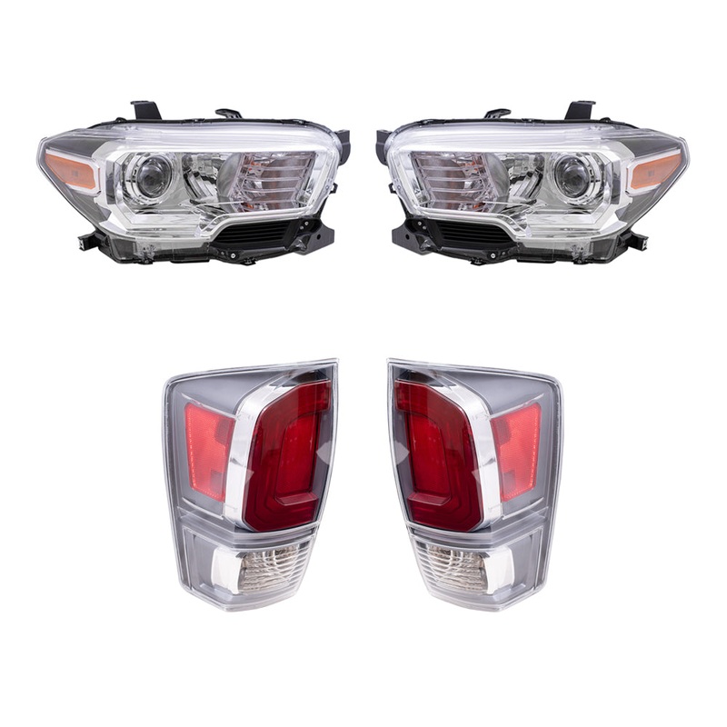 Brock Replacement Driver and Passenger Side Headlights with Fog Lights and Tail Lights without Black Bezel 4 Piece Set Compatible with 2020-2023 Tacoma TRD