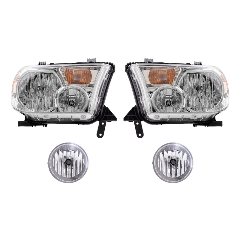 Brock Replacement Driver and Passenger Side Headlights without Level Adjuster and Fog Lights 4 Piece Set Compatible with 2007-2013 Toyota Tundra