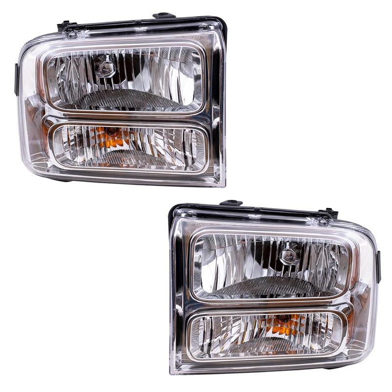 Brock Replacement Pair Set Halogen Headlights Headlamp w/ Chrome Bezel Compatible with 05-07 Super Duty Pickup Truck 6C3Z13008BB 6C3Z13008AB FO2502217 FO2503217