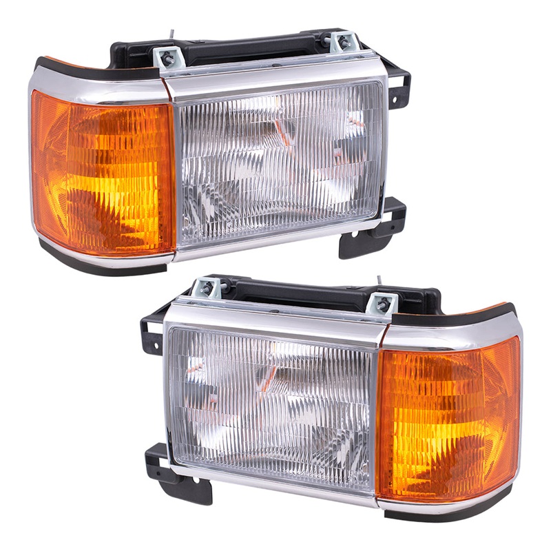 Pair Headlights fit 1987-1991 Ford Pickup Bronco Set w/ Park Lamps Chrome Trim