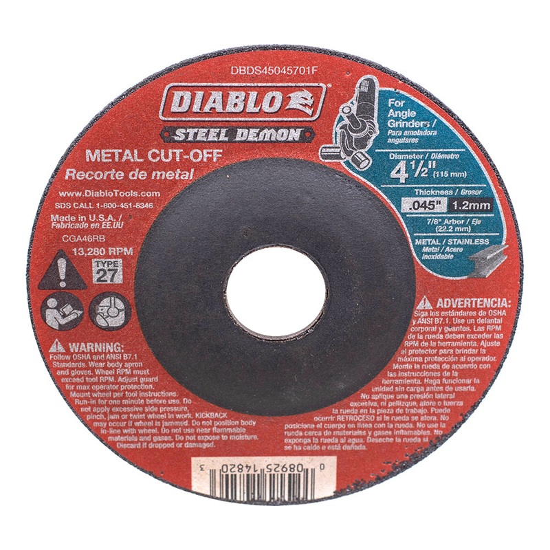 4 1/2 Inch Metal Cut Off Disc .045 Thick – 7/8 Inch Arbor – 13,280 Max RPM 1 Pk
