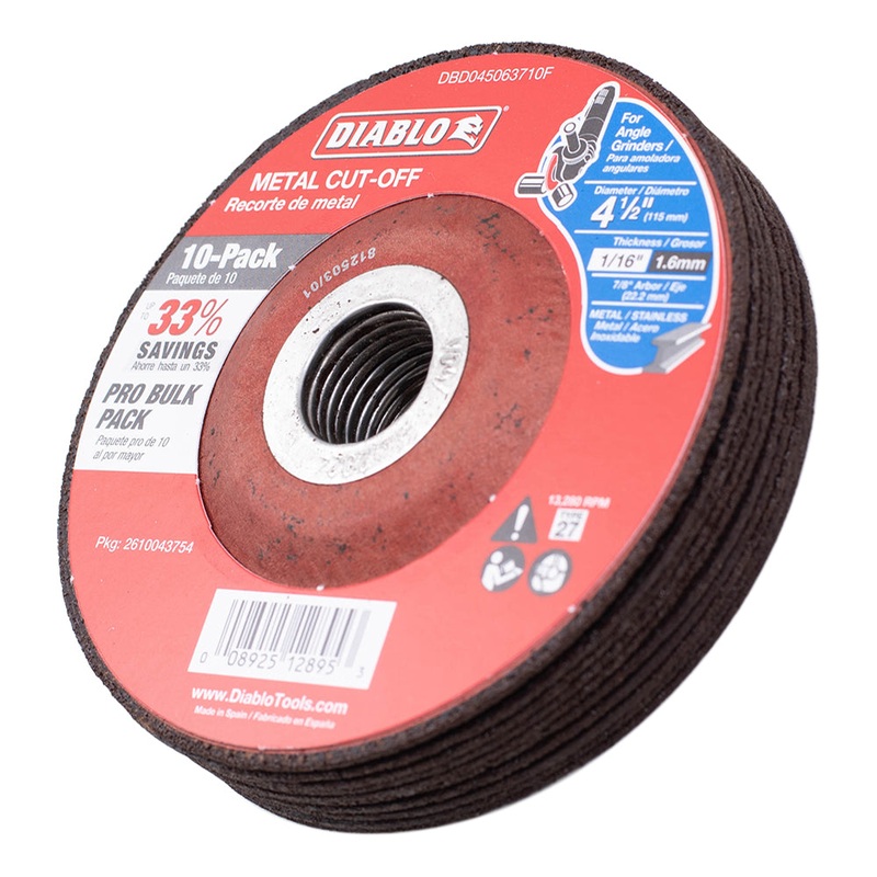 4 1/2 Inches Metal Cut Off Disc .0625 Inches Thick – 7/8 Inches Arbor / 22.2mm -Type 27 Hub – Premium Aluminum Oxide Blend for Use on Metal Materials – 13,280 Max RPM 10 Pack