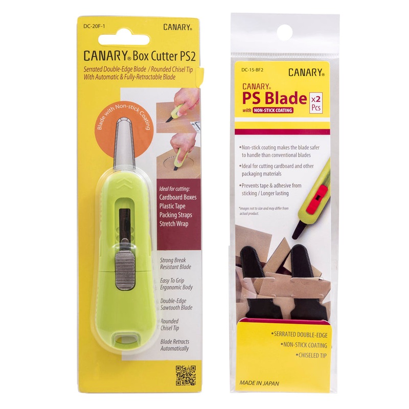 Canary DC-20F PS2 Box Cutter – Retractable Double Edge Utility Knife With Rounded Tip – 1 Inch Serrated Stainless Steel Blade With Teflon Non-Stick Coating With Canary DC-15-BF Replacement Blades