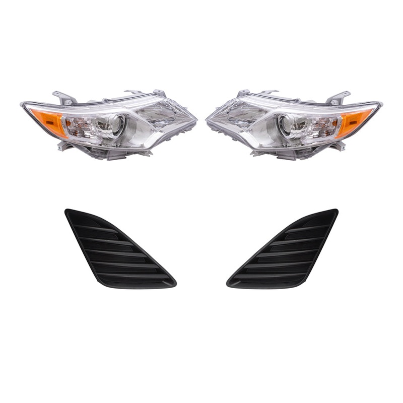 Brock Replacement Driver and Passenger Side Halogen Combination Headlights with Chrome Bezel and Black Fog Light Hole Covers 4 Piece Set Compatible with 2012-2014 Camry L/LE/XLE & 12-14 Camry Hybrid