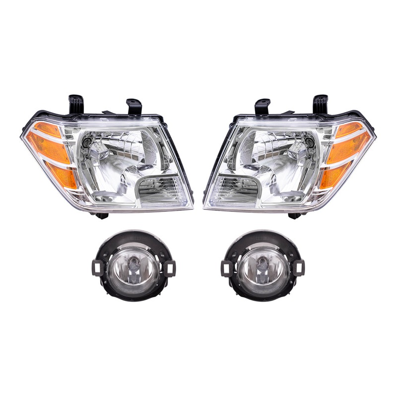 Brock Replacement Driver and Passenger Side Halogen Combination Headlights and Fog Lights 4 Piece Set Compatible with 2010-2019 Frontier with Plastic Bumper