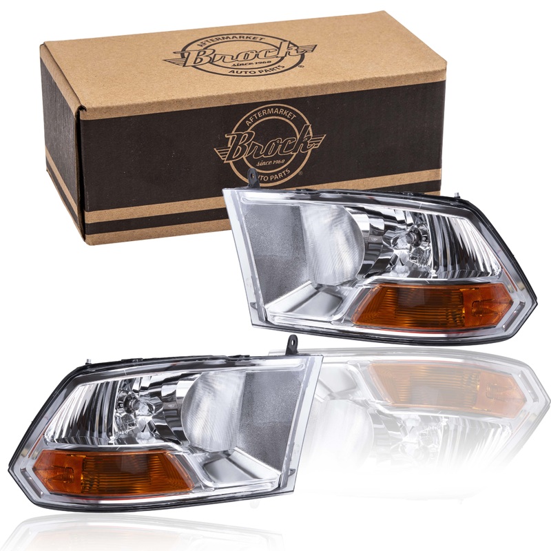 Brock Replacement Driver Left Passenger Right Halogen Combination Headlight Assembly Set Compatible With 2009-2010 Dodge RAM Pickup Without Quad Headlights 2011-2012 RAM Pickup Without Quad Headlights