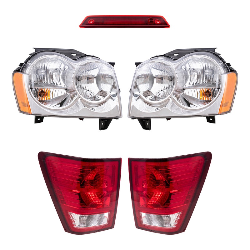 Brock Replacement Driver and Passenger Side Halogen Combination Headlight Assemblies & Tail Light Assemblies, and 3rd Brake Light 5 Piece Set Compatible with 2007 Grand Cherokee