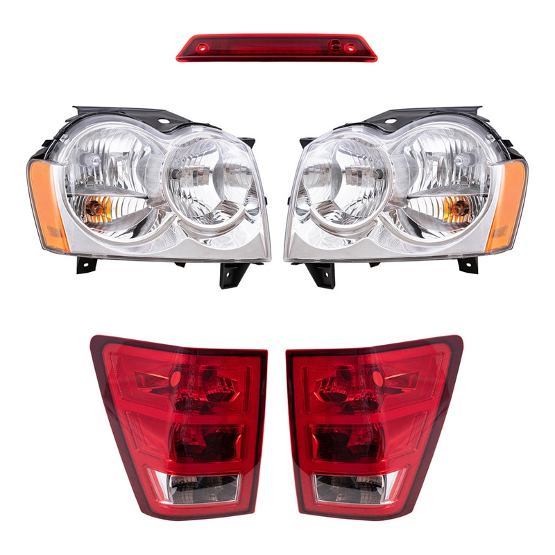Brock Replacement Driver and Passenger Side Halogen Combination Headlight Assemblies, Tail Light Units & 3rd Brake Light 5 Piece Set Compatible with 2005-2006 Grand Cherokee
