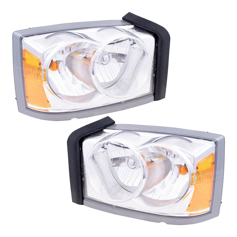 Brock Replacement Set Driver and Passenger Headlights with Chrome Bezel Compatible with 2006-2007 Dakota Pickup Truck 55077607AC 55077606AC