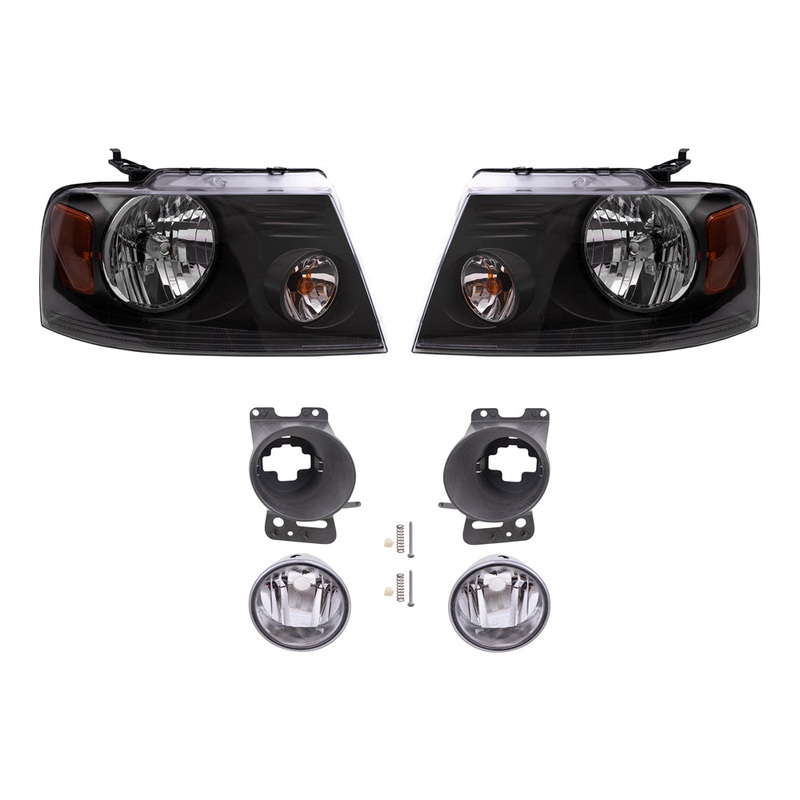 Brock Aftermarket Replacement Driver Left Passenger Right Headlights Shadow Gray Black Bezel-Round Fog Lights-Mounting Brackets 6 Piece Set Compatible with 2006-2008 Ford F-150