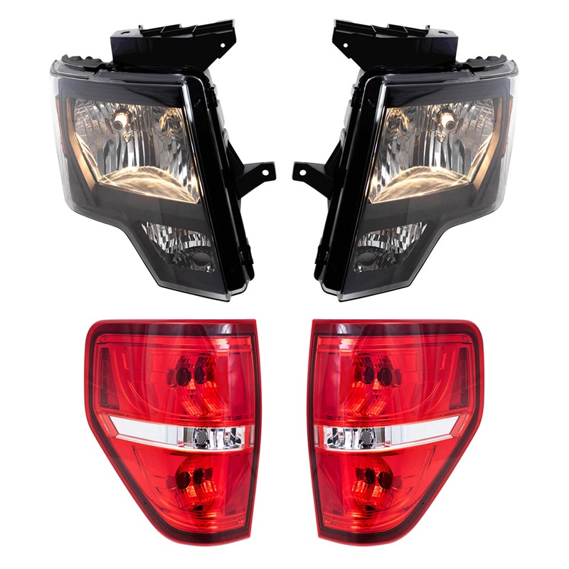 Brock Replacement Driver & Passenger Side Halogen Combination Headlights with Black Trim & Tail Lights with Red Trim-Smoked 4 Pc Performance Set Compatible with 09-14 Ford F-150 Styleside