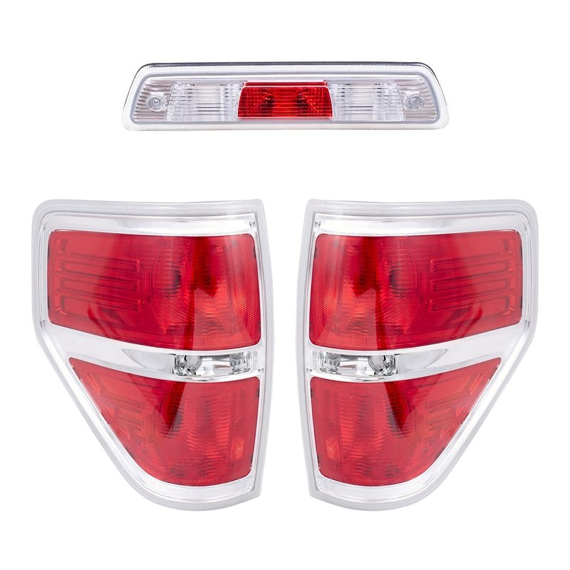 Brock Replacement Driver and Passenger Side Tail Light Units with Chrome Trim & 3rd Brake Light Unit 3 Piece Set Compatible with 2009-2014 Ford F-150 Styleside