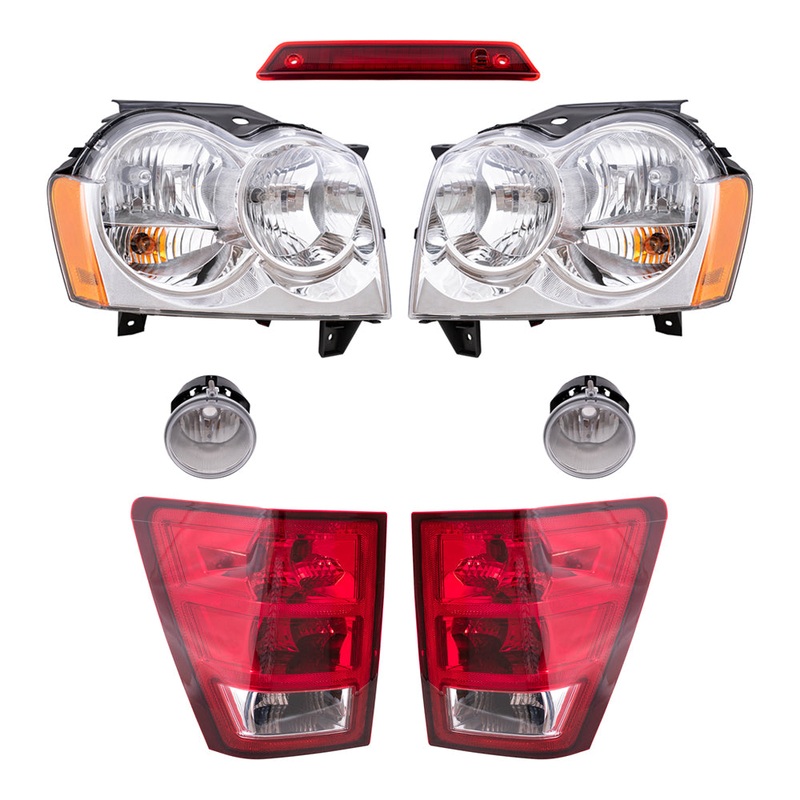 Brock Replacement Driver and Passenger Side Halogen Combination Headlights, Fog Lights, Tail Lights and 3rd Brake Light 7 Piece Set Compatible with 2005-2006 Grand Cherokee