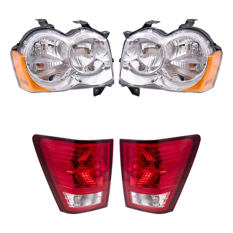 Brock Replacement Driver and Passenger Side Halogen Combination Headlight Assemblies and Tail Light Assemblies 4 Piece Set Compatible with 2008-2010 Grand Cherokee