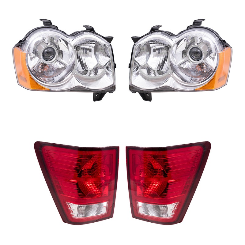Brock Replacement Driver and Passenger Side HID Combination Headlight Assemblies and Tail Light Assemblies 4 Piece Set Compatible with 2008-2010 Grand Cherokee