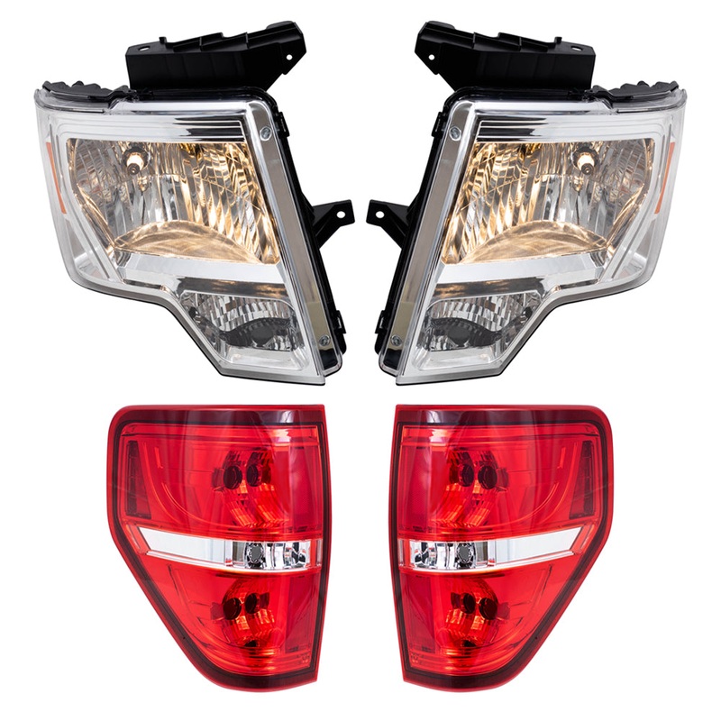 Brock Replacement Driver & Passenger Side Halogen Combination Headlights with Chrome Trim & Tail Lights with Red Trim-Smoked 4 Pc Performance Set Compatible with 09-14 Ford F-150 Styleside
