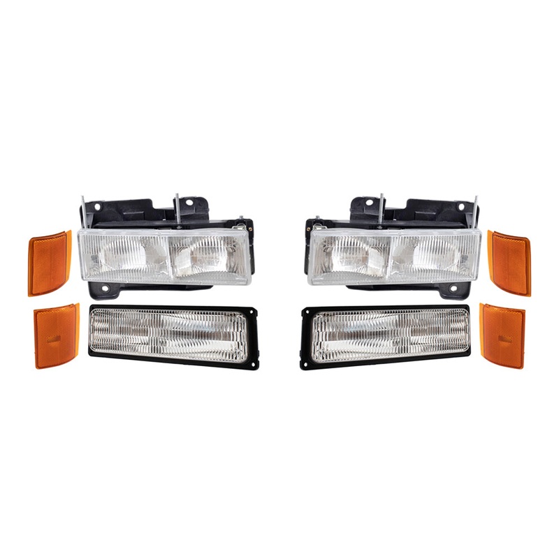 8 Piece Replacement Front Lighting Set With Composite Halogen Headlights-Park/Signal Lights-Upper & Lower Side Marker Lights Driver Left Passenger Right For 1994-2002 GMC C/K Pickup 1994-1999 GMC Yukon 1994-1999 GMC Suburban