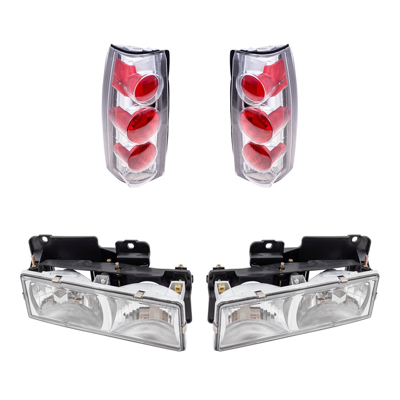 Brock Replacement C/K Composite Crystal Clear Headlight Assemblies and Tail Light Units with Chrome Bezel 4 Piece Performance Set Compatible with 1988-2000 Various Model Trucks
