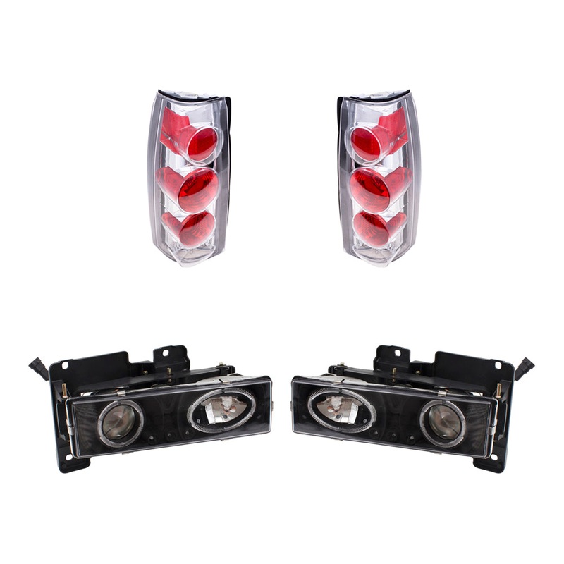 Brock Replacement Composite Headlight Assemblies with Projector Low Beam, Bulbs, Dual Halo, LED DRL & C/K Tail Light Units 4 Piece Performance Set Compatible with 1988-2000 Various Model Trucks