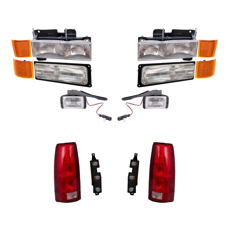 Brock Replacement Halogen Composite Headlights, Park/Signal Lights, Upper & Lower Side Marker Lights, Fog Lights and Tail Lights 12 Piece Set Compatible with 1994-1997 C/K Trucks