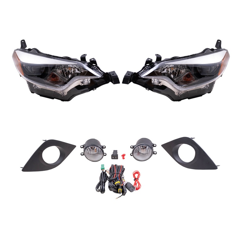 Brock Replacement Driver and Passenger Side Combination Headlight Assemblies and Fog Lights with Clear Lens, Bulb, Bezels, Wiring and Switch 4 Piece Set Compatible with 2014-2016 Corolla