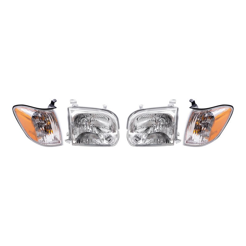 Brock Replacement Driver and Passenger Side Halogen Headlight Assemblies and Signal Light Assemblies 4 Piece Set Compatible with 2005-2007 Sequoia & 2005-2006 Tundra Double Cab