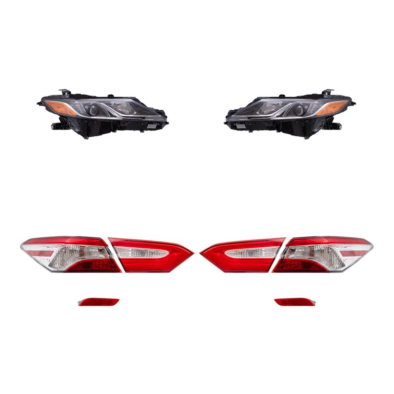 Brock Replacement Headlights, Tail Lights Quarter Mounted & Lid Mounted, and Bumper Reflectors 8 Piece Set Compatible with 2019-2020 Camry L/LE & 2019 Camry Hybrid LE & 2020 Camry Hybrid SE
