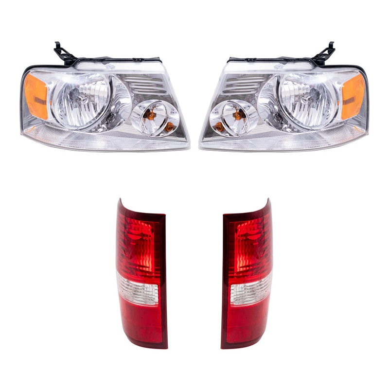 Brock Aftermarket Replacement Driver Left Passenger Right Halogen Combination Headlight Assemblies with Chrome Bezel and Styleside Tail Light Units 4 Piece Set Compatible with 2004-2008 Ford F-150
