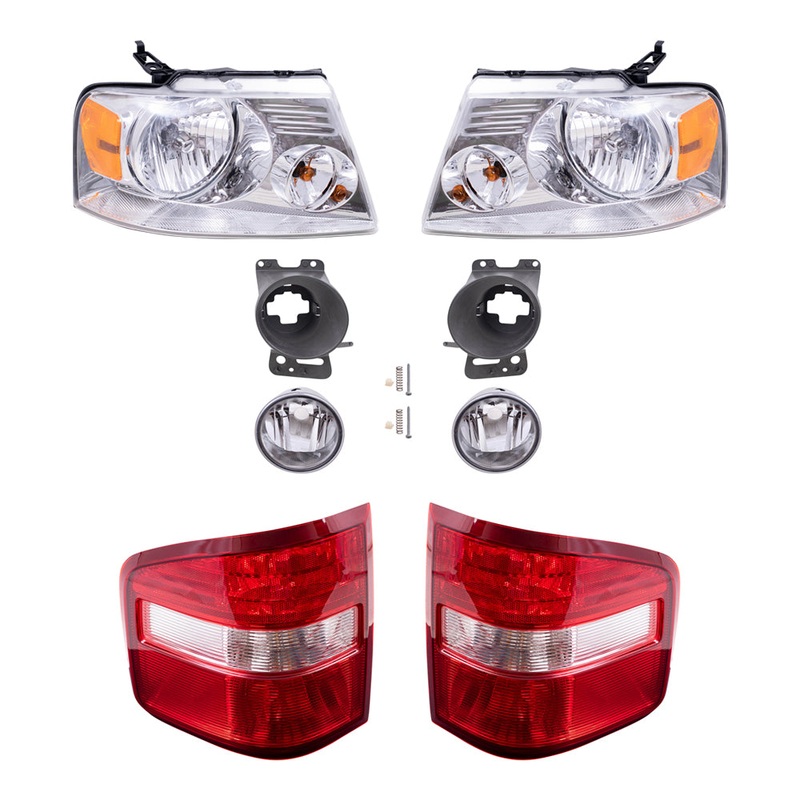 Brock Aftermarket Replacement Part Driver and Passenger Side Halogen Combination Headlights, Round Fog Lights & Brackets and Flareside Tail Lights 8 Piece Set Compatible with 2006-2008 Ford F-150