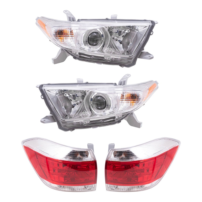 Brock Replacement Driver and Passenger Side Halogen Combination Headlight and Tail Light Assemblies 4 Piece Set Compatible with 2011-2013 Highlander