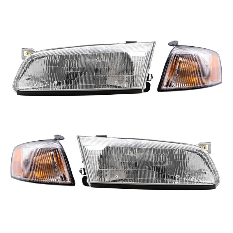 Brock Replacement Driver and Passenger Side Halogen Headlight Assemblies and Park Signal Light Assemblies 4 Piece Set Compatible with 1997-1999 Camry