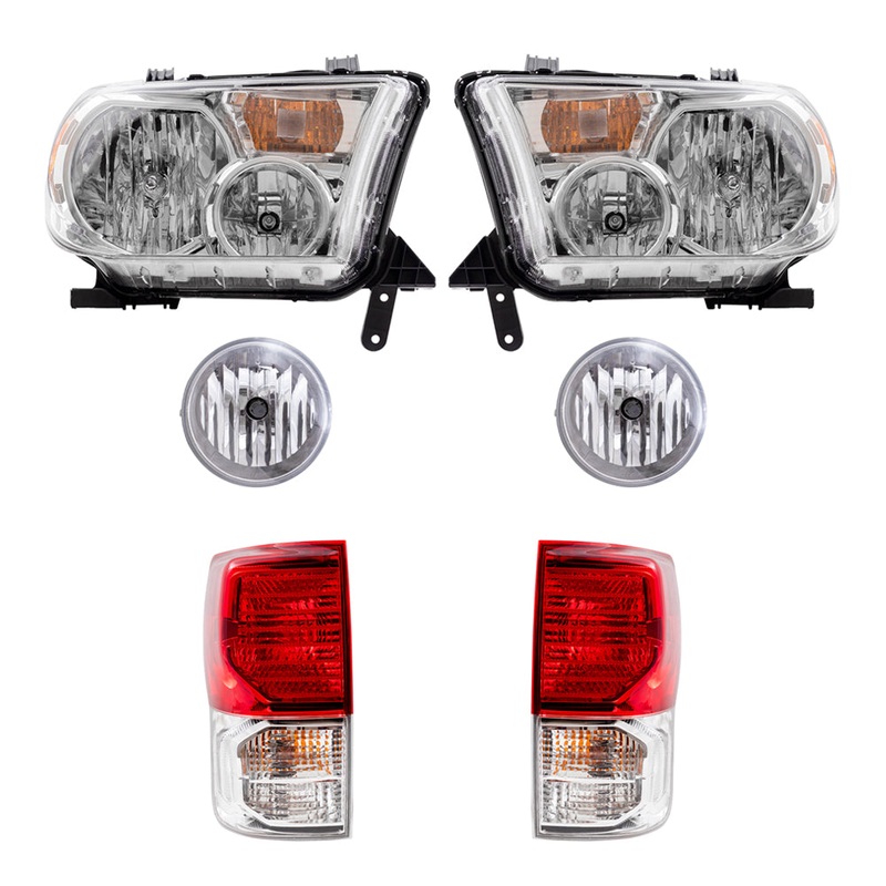 Brock Replacement Driver and Passenger Side Headlights without Level Adjuster, Fog Lights and Tail Lights 6 Piece Set Compatible with 2010-2013 Tundra