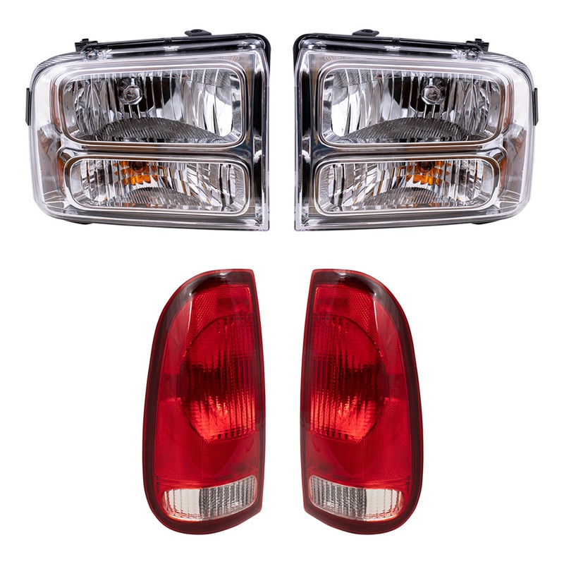Brock Replacement Headlights with Chrome Bezel and Tail Lights Compatible with 2005 2006 2007 F-Series Super Duty Pickup Truck