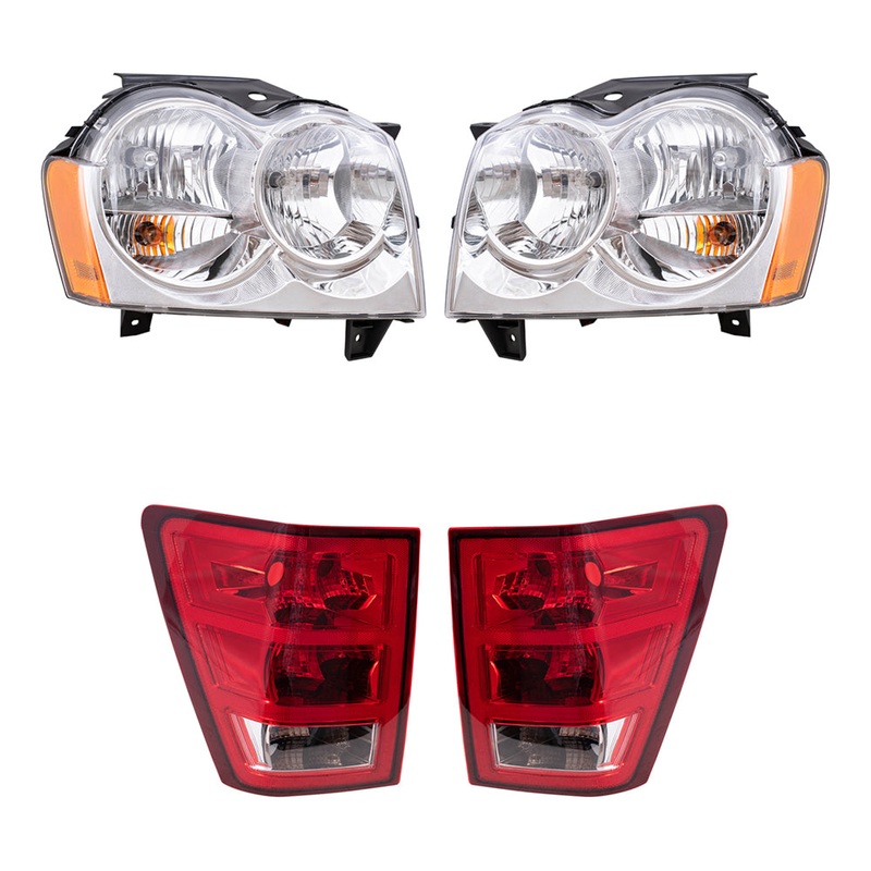 Brock Replacement Driver and Passenger Side Halogen Combination Headlight Assemblies & Tail Light Units 4 Piece Set Compatible with 2005-2006 Grand Cherokee
