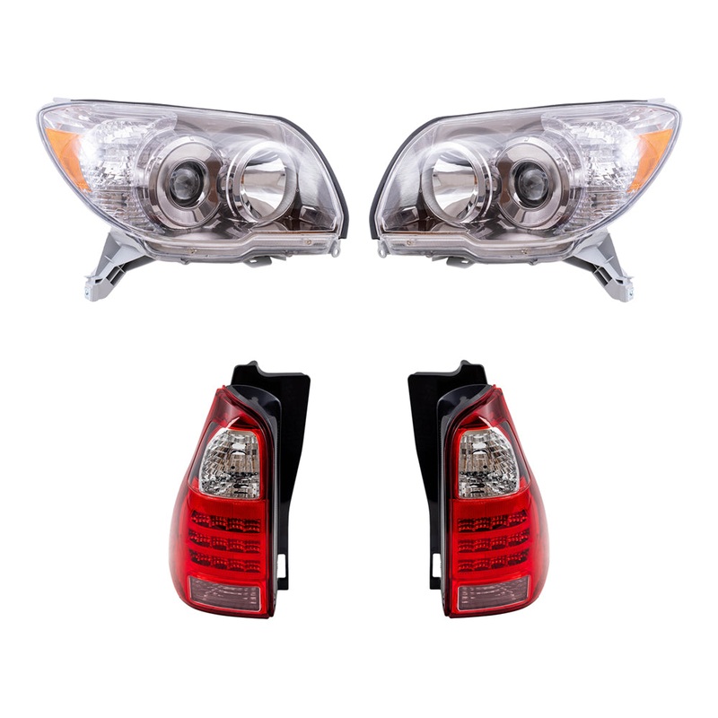 Brock Replacement Driver and Passenger Side Halogen Combination Headlight Units with Chrome Bezel and Tail Light Units 4 Piece Set Comaptible with 2006-2009 4Runner Sport