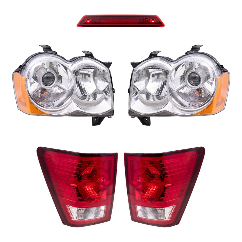 Brock Replacement Driver and Passenger Side HID Combination Headlight Assemblies, Tail Light Assemblies and 3rd Brake Light 5 Piece Set Compatible with 2008-2010 Grand Cherokee